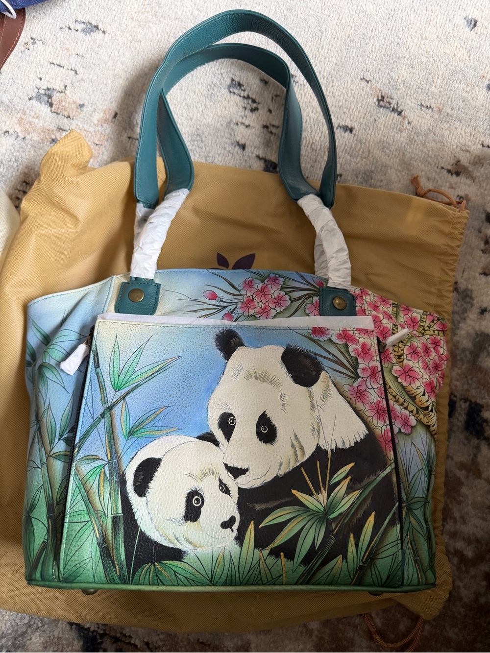 Hand-Painted Panda Tote Bag in Teal and Multi-Color